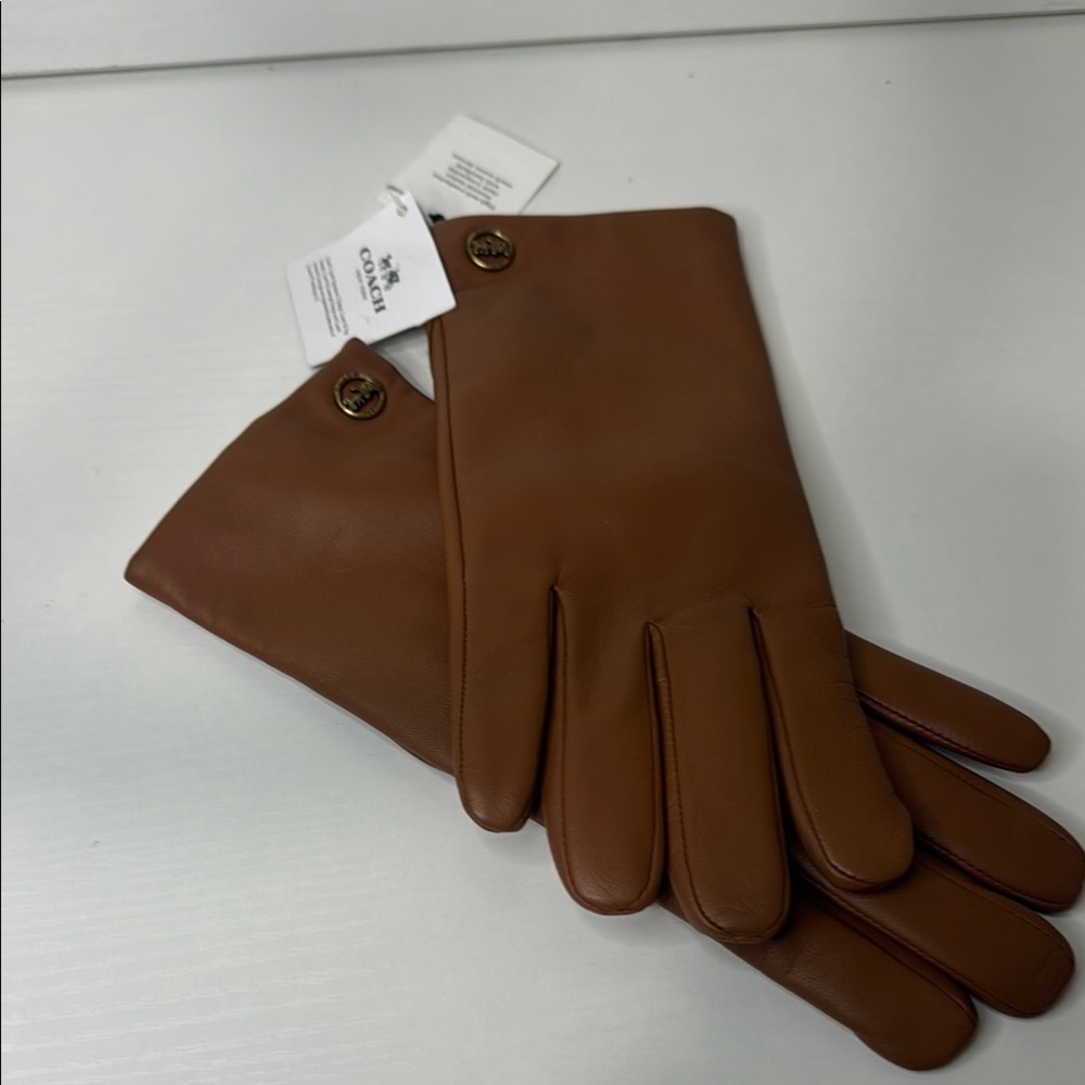Brown Leather Gloves with Button Detail